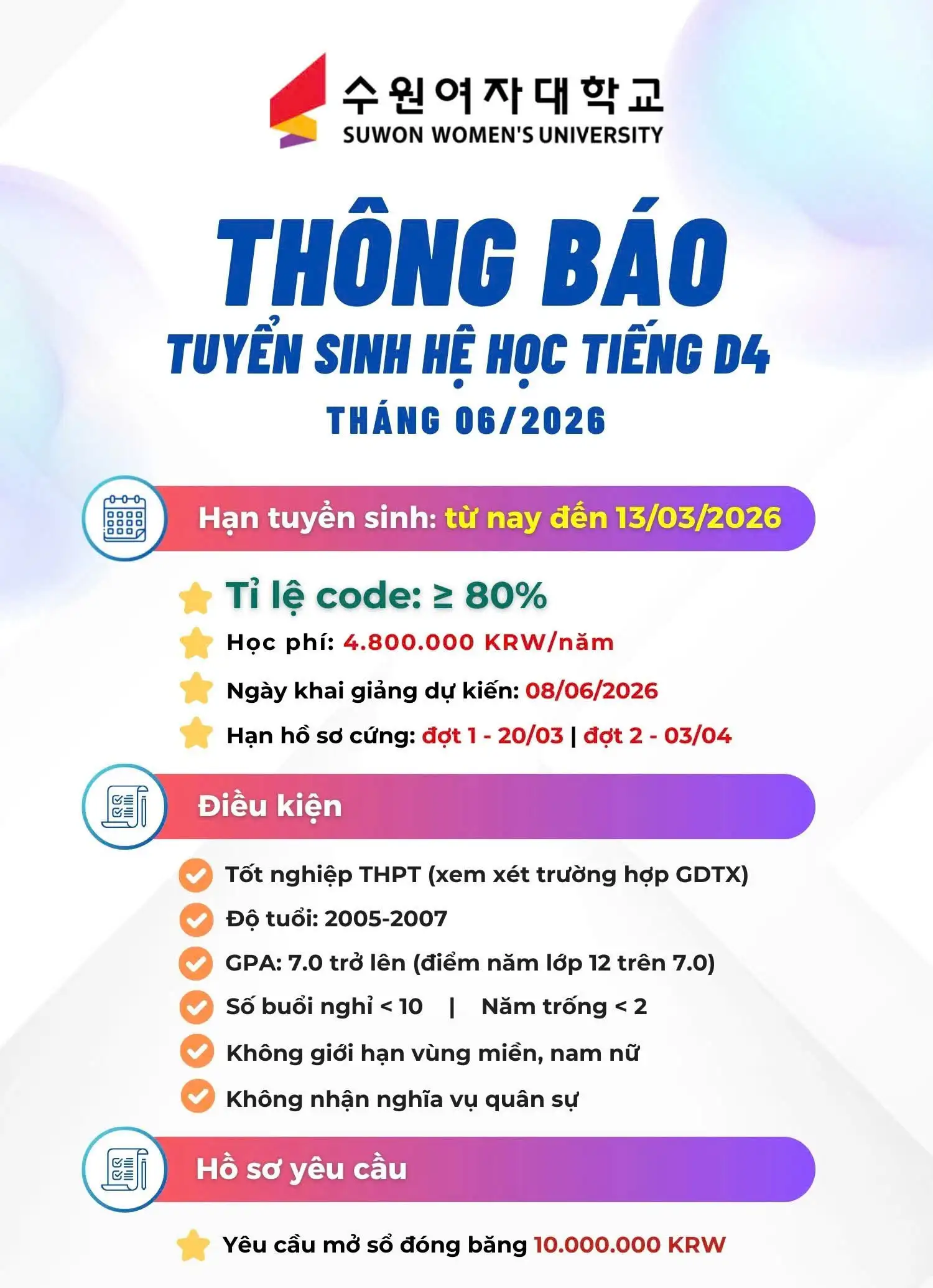 Tuyển Sinh Trường Đại Học Suwon Women’s University – Hệ Học Tiếng (Visa D4) Kỳ Tháng 06/2026: Tỉ Lệ Code Trên 80%