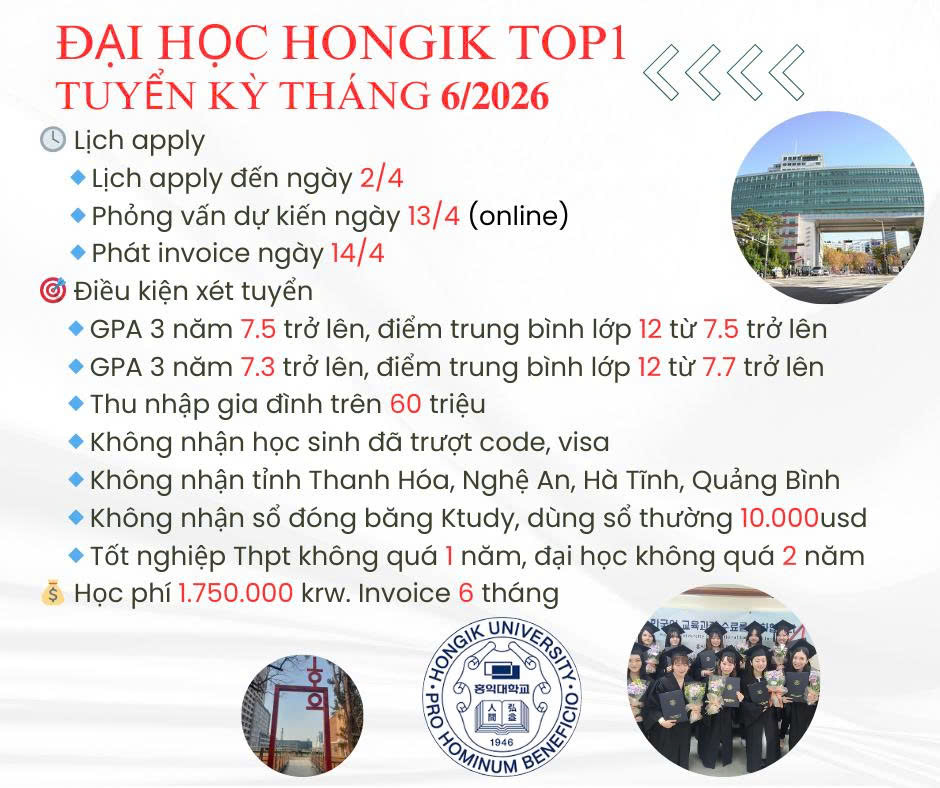 Tuyển Sinh Đại Học Hongik (Top 1) – Kỳ Tháng 6/2026